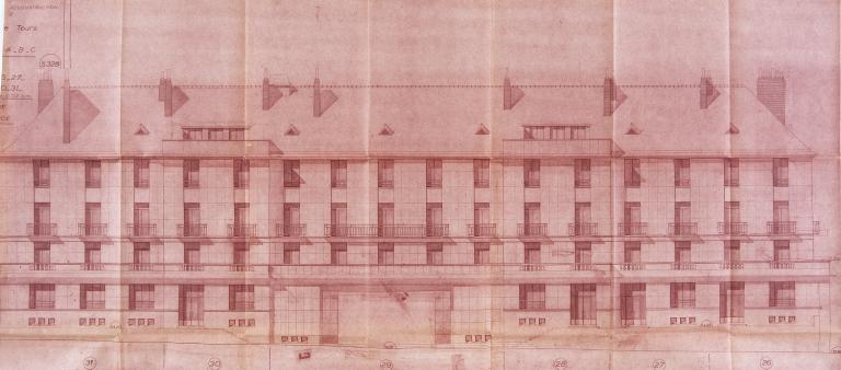 Elévation des façades antérieures du côté ouest de l'ensemble, A. Le Roy arch., 26 août 1953. (archives municipales de Tours, Permis de construire 1953/n°432).