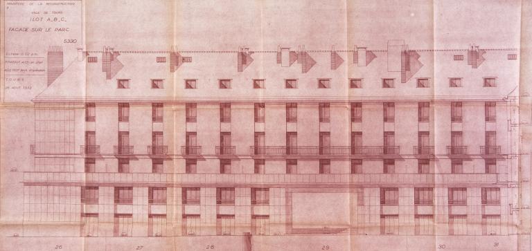 Elévation des façades postérieures du côté ouest de l'ensemble, A. Le Roy arch., 26 août 1953.  (archives municipales de Tours, Permis de construire 1953/n°432).