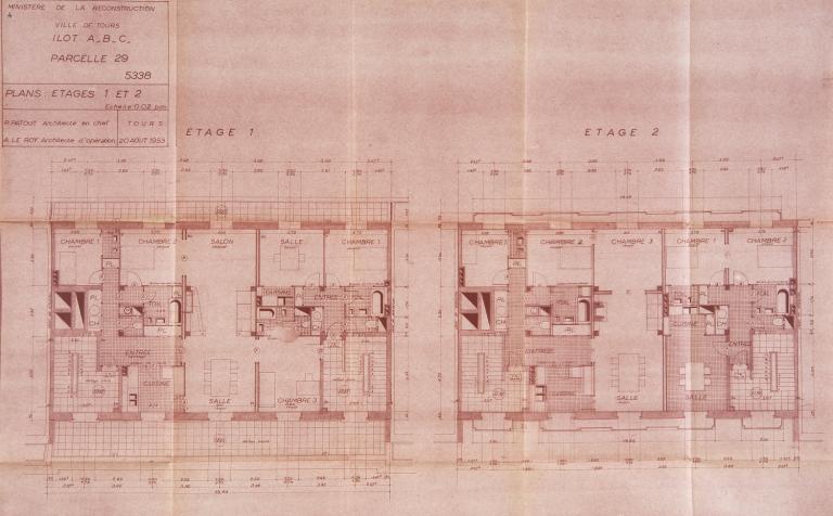 Plans des premier et deuxième étages du corps de passage à l'ouest de l'ensemble, A. Le Roy arch., 20 août 1953. (archives municipales de Tours, Permis de construire 1953/n°432).
