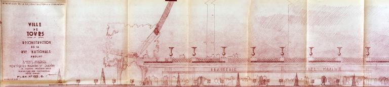 Elévation des magasins-terrasses à l'est de la rue Nationale (1/3), R. Chaume arch., [décembre 1952]. (archives municipales de Tours, 149 W 21).