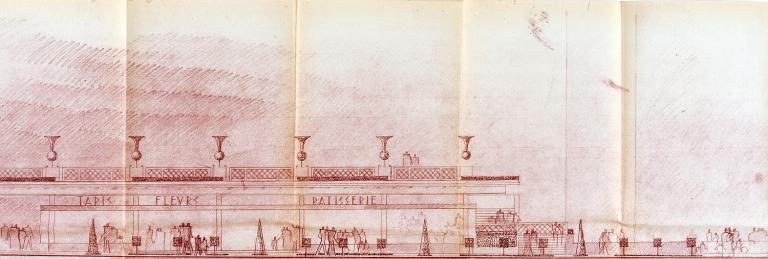 Elévation des magasins-terrasses à l'est de la rue Nationale (2/3), R. Chaume arch., [décembre 1952]. (archives municipales de Tours, 149 W 21).