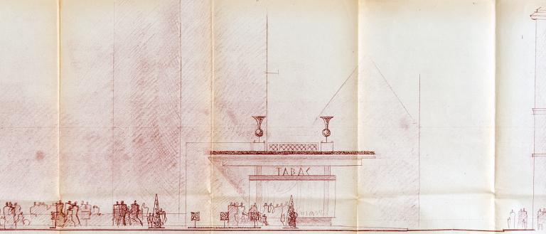 Elévation des magasins-terrasses à l'est de la rue Nationale (3/3), R. Chaume arch., [décembre 1952]. (archives municipales de Tours, 149 W 21).