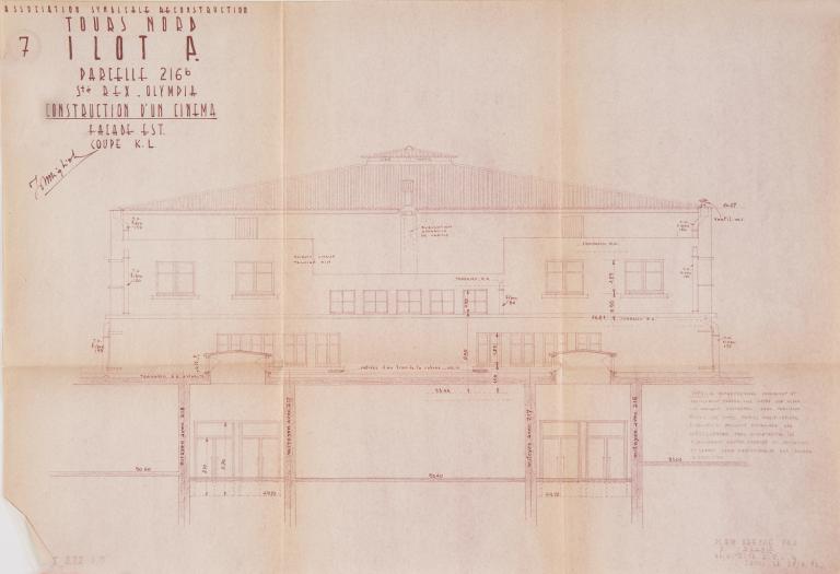 Elévation de la façade est, P. Labadie arch., 25 avril 1956. (archives municipales de Tours, 149 W 17, îlot P).