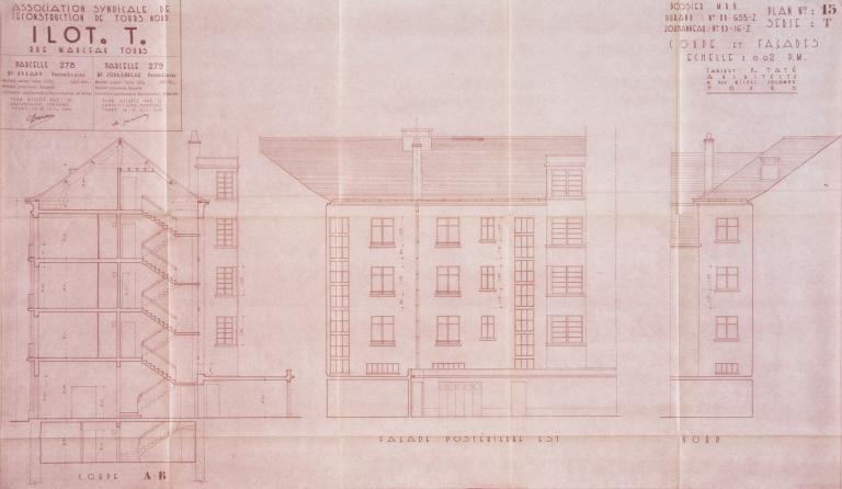 Coupe et façades postérieures, Henri Taté arch., 4 octobre 1950. (archives municipales de Tours, Permis de construire 1950/n°751).