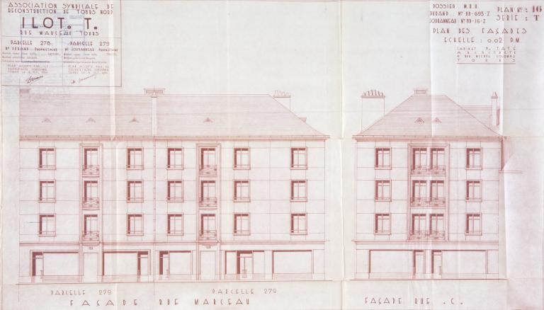 Elévation des façades rues Marceau et Richelieu, Henri Taté arch., 4 octobre 1950. (archives municipales de Tours, Permis de construire 1950/n°751).