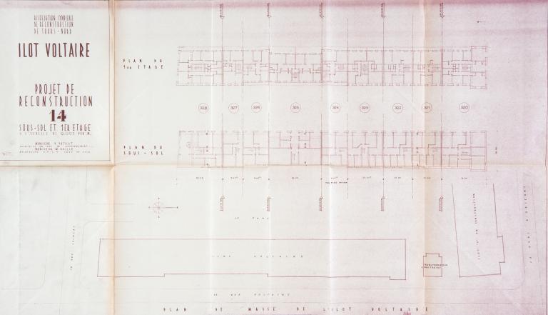 Plan masse, plans du sous-sol et du premier étage de l'îlot, P. Patout et M. Boille arch., [1953-1955]. (archives municipales de Tours, 149 W 20).