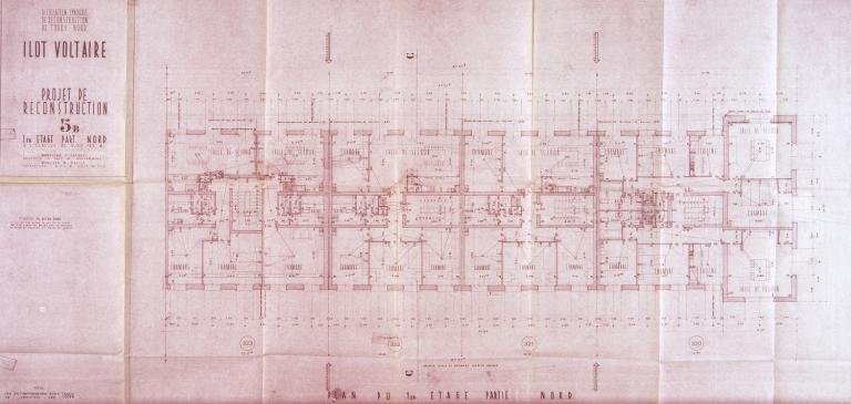 Plan du premier étage (moitié nord), P. Patout et M. Boille arch., [1953-1955]. (archives municipales de Tours, 149 W 20).