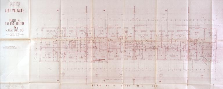 Plan du premier étage (moitié sud), P. Patout et M. Boille arch., [1953-1955]. (archives municipales de Tours, 149 W 20).