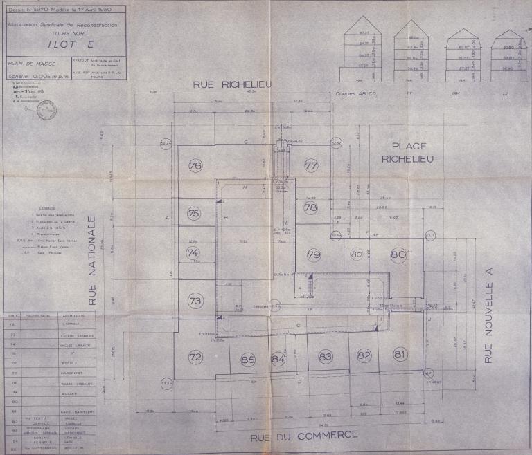 Plan masse, P. Patout et A. Le Roy arch., 6 juillet 1950. (archives municipales de Tours, Permis de construire 1950/n°534).