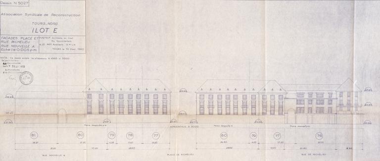 Elévation des façades place de la Résistance et rue du Maréchal-Foch, P. Patout et A. Le Roy arch., 6 juillet 1950. (archives municipales de Tours, Permis de construire 1950/n°534). ; Elévations des façade de l'îlot E place de la Résistance et rue du Maréchal-Foch, P. Patout et A. Le Roy arch., 6 juillet 1950. (archives municipales de Tours, Permis de construire 1950/n°534).