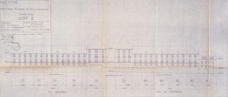 Elévation des façades rues du Commerce et Nationale, P. Patout et A. Le Roy arch., 6 juillet 1950. (archives municipales de Tours, Permis de construire 1950/n°534).