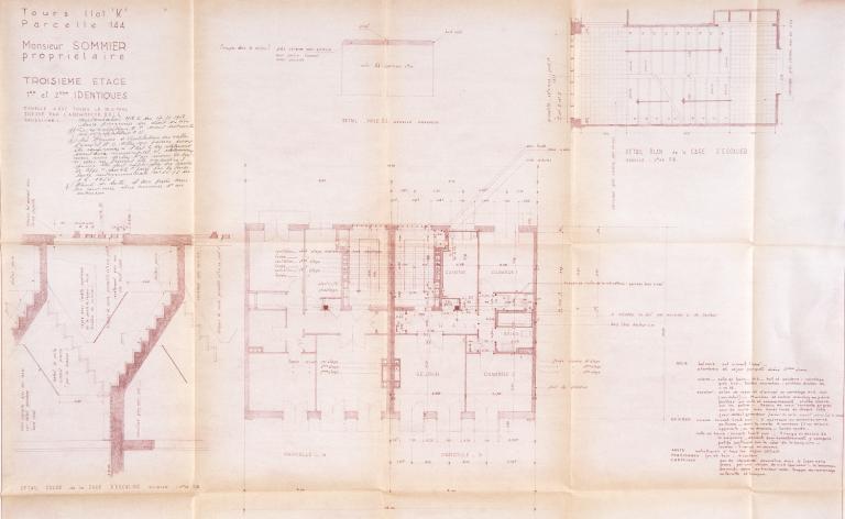 Plan des étages des 7 et 7 bis rue Marceau, P. Boille arch., 18 juin 1956. (archives municipales de Tours, Permis de construire 1956/n°452).