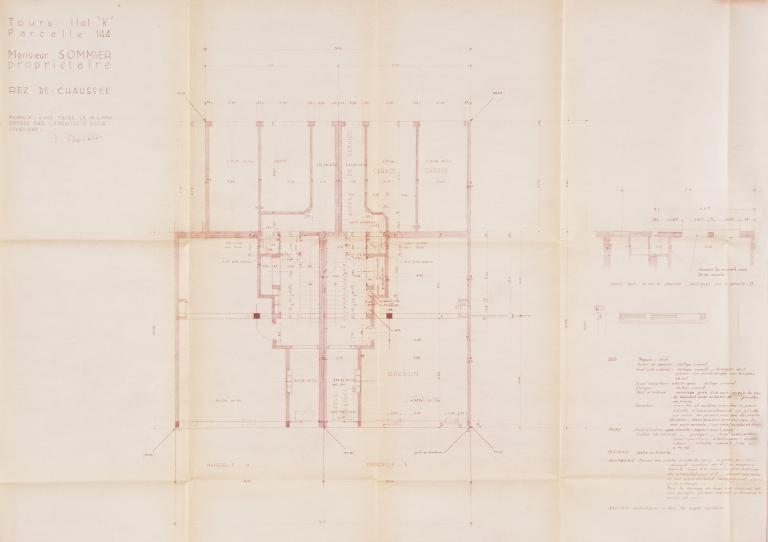 Plan du rez-de-chaussée des 7 et 7 bis rue Marceau, P. Boille arch., 18 juin 1956. (archives municipales de Tours, Permis de construire 1956/n°452).