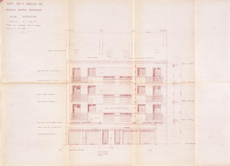 Elévation des façades postérieures des 7 et 7 bis rue Marceau, P. Boille arch., 6 juin 1956. (archives municipales de Tours, Permis de construire 1956/n°452).
