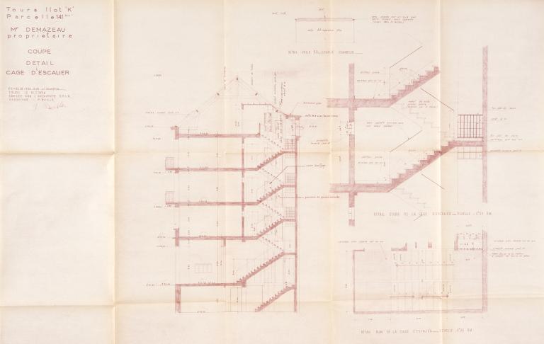 Coupe et détail de l'escalier du 1 bis rue Marceau, P. Boille arch., 10 juillet 1956. (archives municipales de Tours, Permis de construire 1956/n°452).