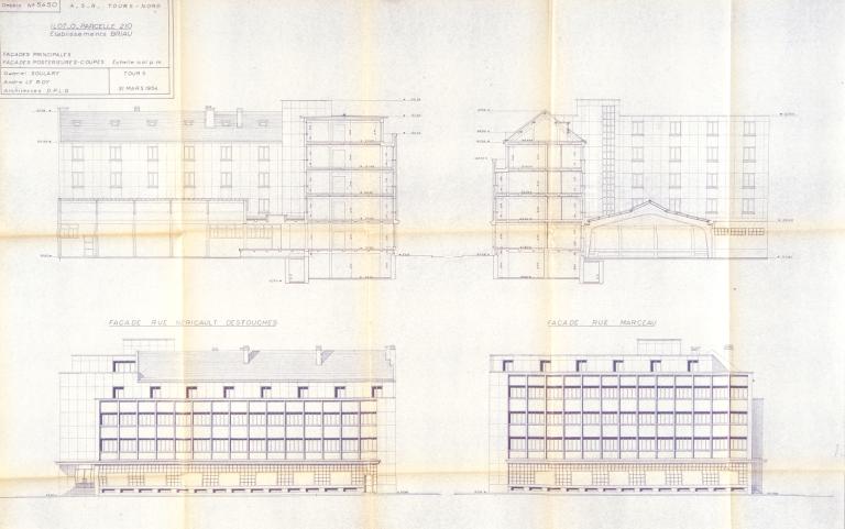 Coupes et élevations des façades pricipales et postérieures de l'immeuble à l'angle des rues Marceau et Néricault-Destouches, Soulary et Le Roy arch., 31 mars 1954. (archives municipales de Tours, Permis de construire 1952/n°292).