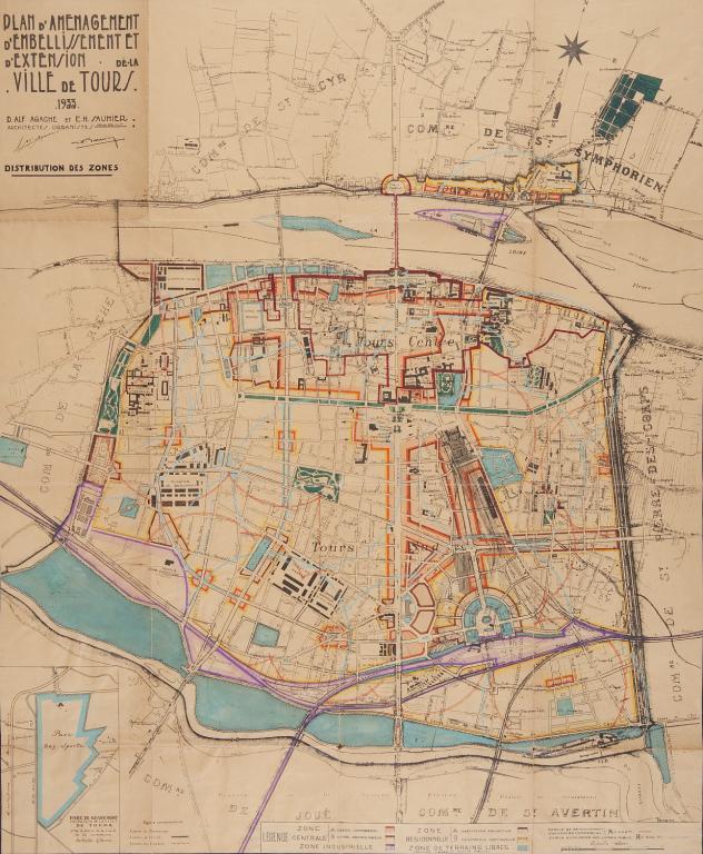 Plan d'aménagement, d'embellissement et d'extension : distribution des zones, Agache et Saunier arch., 1933. (archives municipales de Tours, 3 D 1). ; Plan d'aménagement, d'embellissement et d'extension : distribution des zones, Agache et Saunier arch., 1933. (archives municipales de Tours, 3 D 1). ; Plan d'aménagement, d'embellissement et d'extension : distribution des zones, Agache et Saunier arch., 1933. (archives municipales de Tours, 3 D 1).