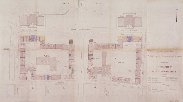 Plan de remembrement des îlot ABC et V, août 1958. (archives municipales de Tours, 149 W 12). ; Plan de remembrement des îlot ABC et V, août 1958. (archives municipales de Tours, 149 W 12).