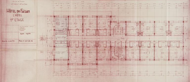 Plan du premier étage, J-B. Lissalde, M. Vallée et H. Vanel arch., décembre 1953. (archives municipales de Tours, 149 W 14).