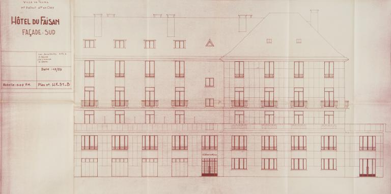 Elévation de la façade sud, J-B. Lissalde, M. Vallée et H. Vanel arch., décembre 1953. (archives municipales de Tours, 149 W 14).