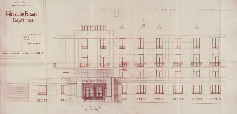 Elévation de la façade nord, J-B. Lissalde, M. Vallée et H. Vanel arch., décembre 1953. (archives municipales de Tours, 149 W 14).