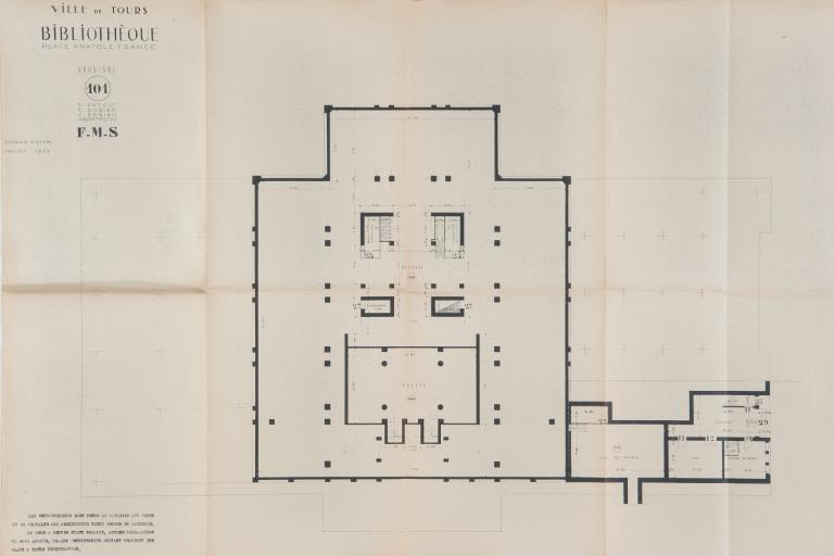 Plan du sous-sol, P. Patout, Ch. et J. Dorian arch., juillet 1955. (archives municipales de Tours, 4 M Bibliothèque, boîtes 709-711).