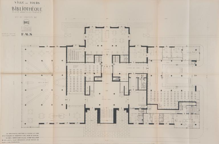 Plan du rez-de-chaussée bas, P. Patout, Ch. et J. Dorian arch., juillet 1955. (archives municipales de Tours, 4 M Bibliothèque, boîtes 709-711).