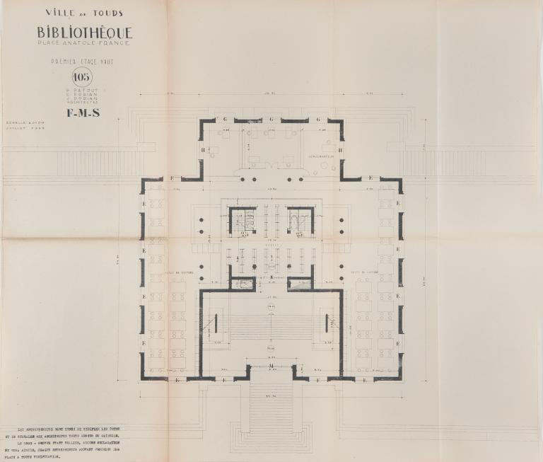 Plan du premier étage haut, P. Patout, Ch. et J. Dorian arch., juillet 1955. (archives municipales de Tours, 4 M Bibliothèque, boîtes 709-711).
