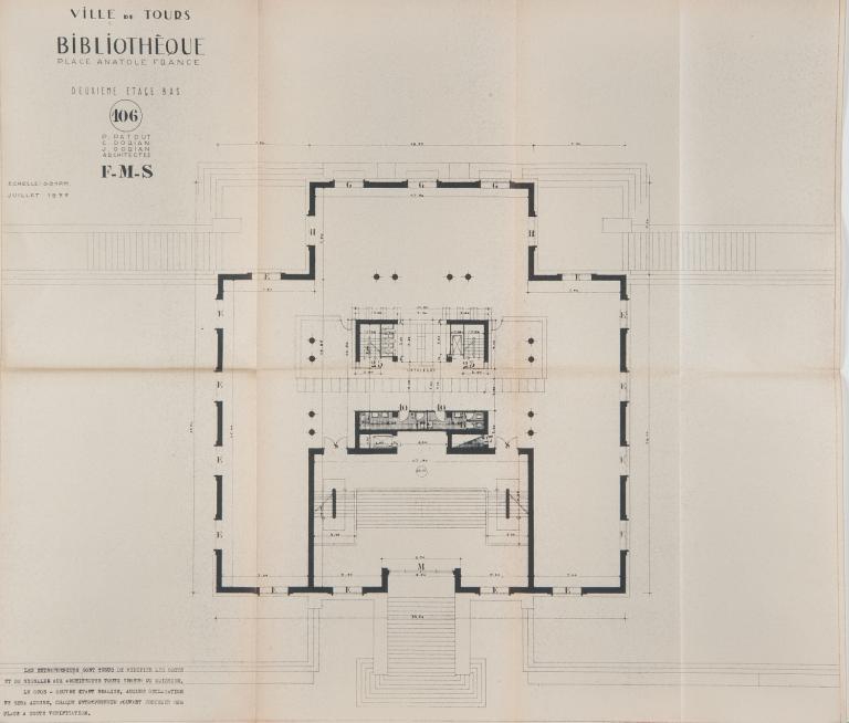 Plan du deuxième étage bas, P. Patout, Ch. et J. Dorian arch., juillet 1955. (archives municipales de Tours, 4 M Bibliothèque, boîtes 709-711).
