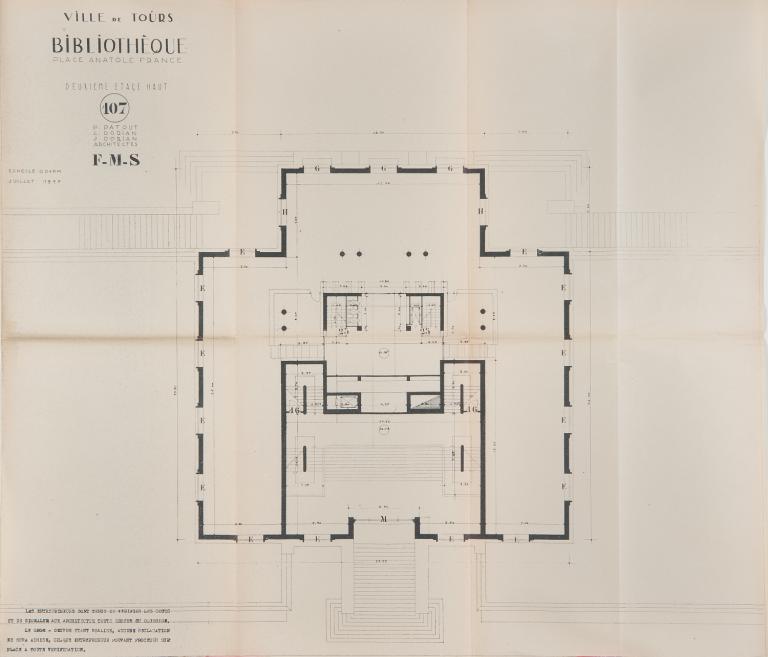 Plan du deuxième étage haut, P. Patout, Ch. et J. Dorian arch., juillet 1955. (archives municipales de Tours, 4 M Bibliothèque, boîtes 709-711).