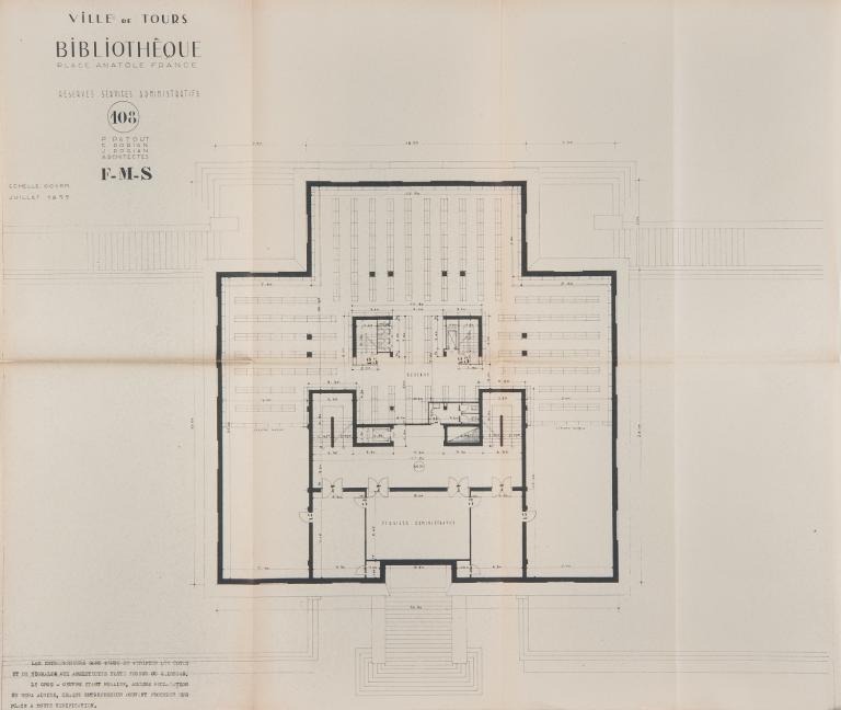Plan du troisième étage, P. Patout, Ch. et J. Dorian arch., juillet 1955. (archives municipales de Tours, 4 M Bibliothèque, boîtes 709-711).