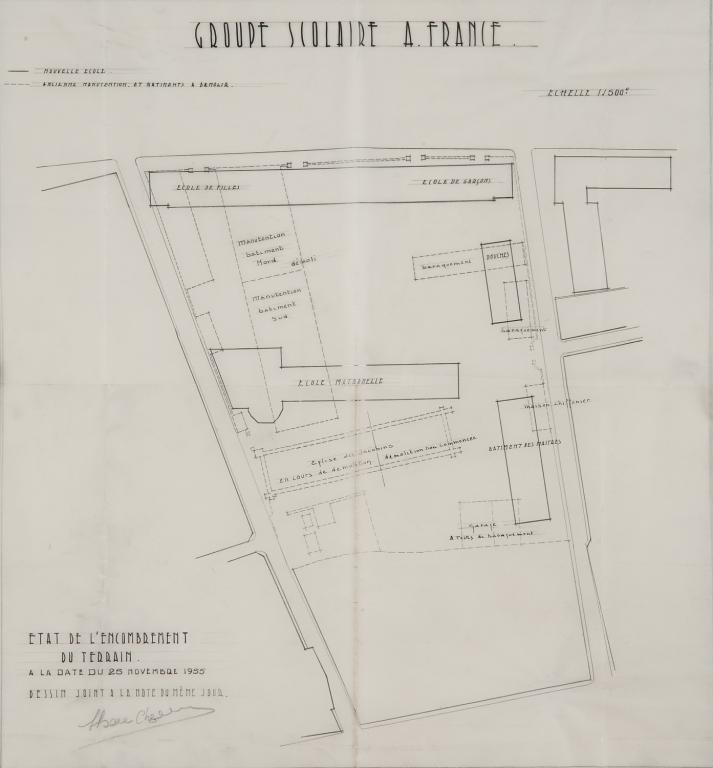 Plan de l'état d'encombrement du terrain, H. Lhéritier de Chézelle arch., 25 novembre 1955. (archives municipales de Tours, 4 M Groupe scolaire Anatole-France, boîte 355).