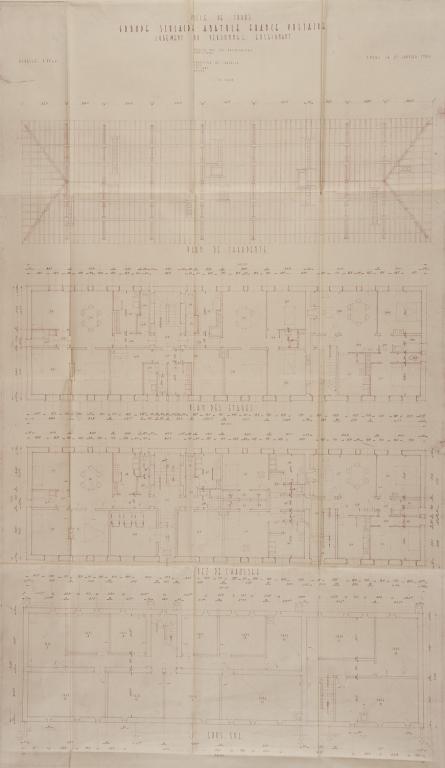 Plans de l'ensemble, H. Lhéritier de Chézelle, H. Taté, A. Tulasne et R. Boyer arch., 21 janvier 1954. (archives municipales de Tours, 4 M Groupe scolaire Anatole-France, boîte 356).