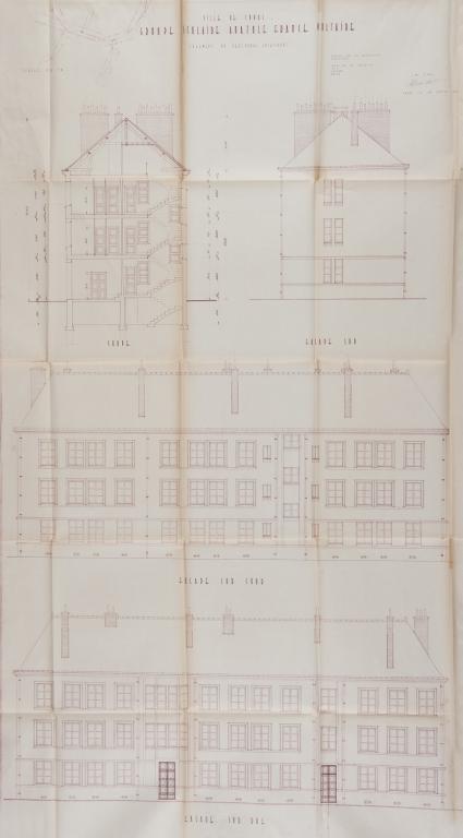 Coupe et élévations, H. Lhéritier de Chézelle, H. Taté, A. Tulasne et R. Boyer arch., 20 janvier 1954. (archives municipales de Tours, 4 M Groupe scolaire Anatole-France, boîte 356).