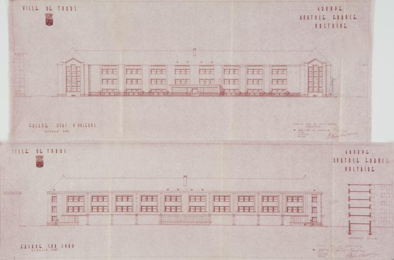 Elévation des façades sur quai et sur cour (avant-projet), H. Lhéritier de Chézelle, H. Taté, A. Tulasne et R. Boyer arch., [1952]. (archives municipales de Tours, 4 M Groupe scolaire Anatole-France, boîte 356).