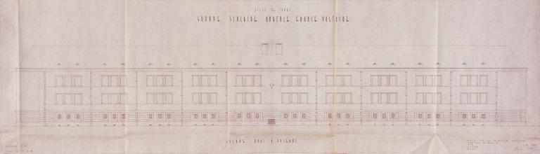 Elévation de la façade sur quai, H. Lhéritier de Chézelle, H. Taté, A. Tulasne et R. Boyer arch., 17 décembre 1953. (archives municipales de Tours, 4 M Groupe scolaire Anatole-France, boîte 356).