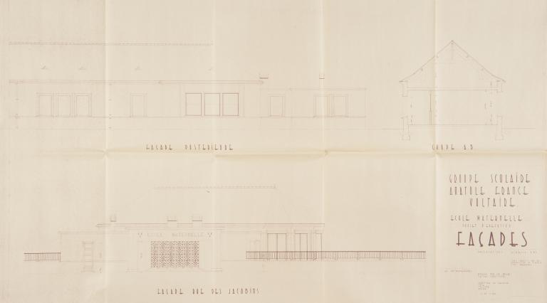 Coupe et élévation des façades postérieure et latérale, H. Lhéritier de Chézelle, H. Taté, A. Tulasne et R. Boyer arch., 6 janvier 1954. (archives municipales de Tours, 4 M Groupe scolaire Anatole-France, boîte 356).