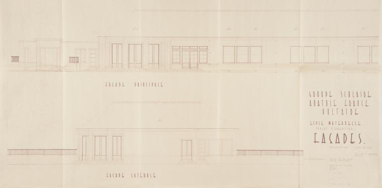 Elévation des façades principale et latérale, H. Lhéritier de Chézelle, H. Taté, A. Tulasne et R. Boyer arch., [6 janvier 1954]. (archives municipales de Tours, 4 M Groupe scolaire Anatole-France, boîte 356).