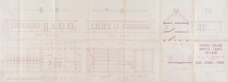 Projet de construction de douches en plans, coupes et élévations, arch., 16 décembre 1953. (archives municipales de Tours, 4 M Groupe scolaire Anatole-France, boîte 356).