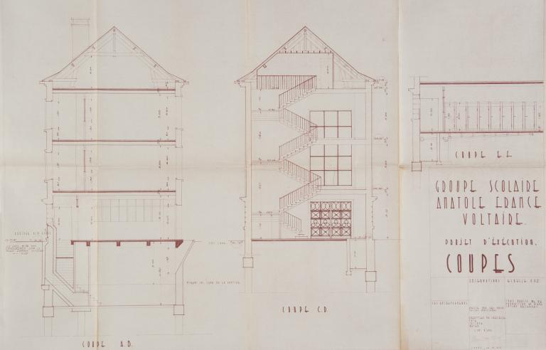 Coupes transversales, H. Lhéritier de Chézelle, H. Taté, A. Tulasne et R. Boyer arch., 10 décembre 1953. (archives municipales de Tours, 4 M Groupe scolaire Anatole-France, boîte 356).