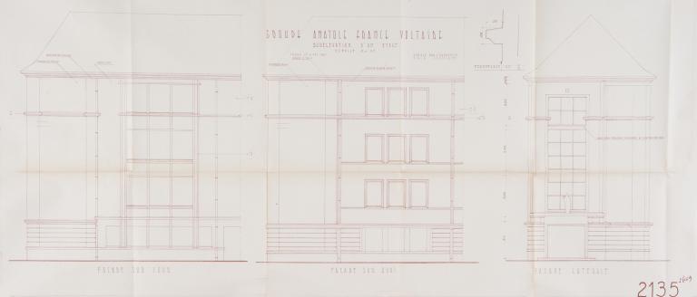 Projet d'agrandissement : élévation de la façade sur le quai, H. Lhéritier de Chézelle, H. Taté, A. Tulasne et R. Boyer arch., 4 février 1957. (archives municipales de Tours, 4 M Groupe scolaire Anatole-France, boîte 356).