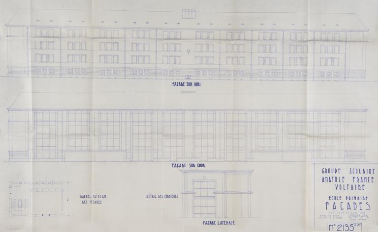 Elévations des façades et détails, H. Lhéritier de Chézelle, H. Taté, A. Tulasne et R. Boyer arch., 31 janvier 1957. (archives municipales de Tours, 4 M Groupe scolaire Anatole-France, boîte 356).