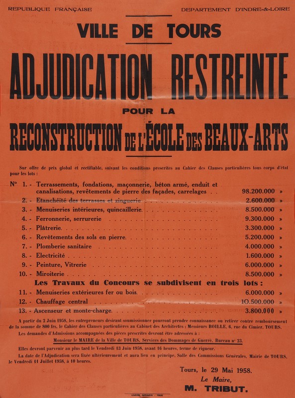 Annonce d'adjudication restreinte pour la reconstruction de l'école des beaux-arts, mai 1958. (archives municipales de Tours, 4 M, boîte 651).
