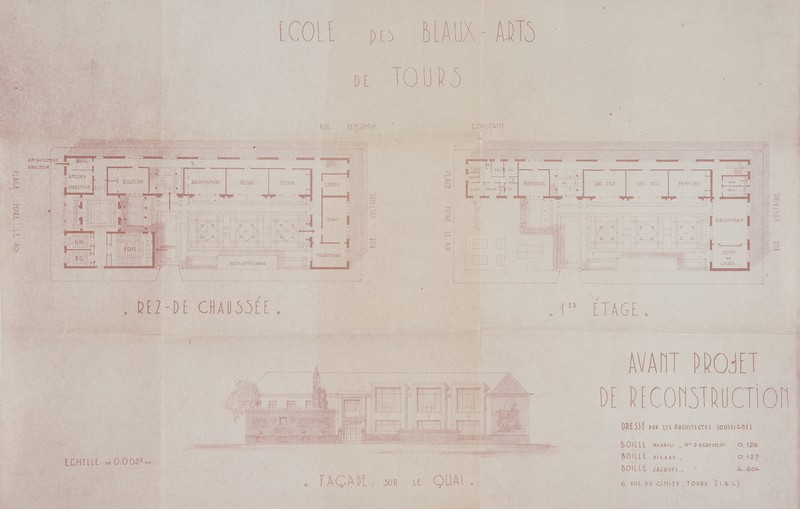 Avant-projet d'école des beaux-arts, Boille arch., août 1944. (archives municipales de Tours, 4 M, boîte 649).