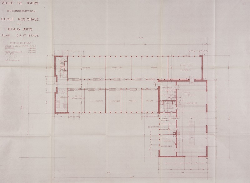 Plan du premier étage, Boille arch., 20 mai 1957. (archives municipales de Tours, 4 M, boîte 650).