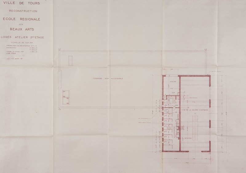 Plan du deuxième étage du bâtiment est, Boille arch., 20 mai 1957. (archives municipales de Tours, 4 M, boîte 650).