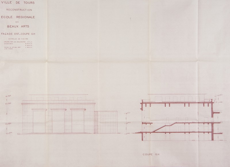 Elévation de la façade est et coupe transversale, Boille arch., 20 mai 1957. (archives municipales de Tours, 4 M, boîte 650).