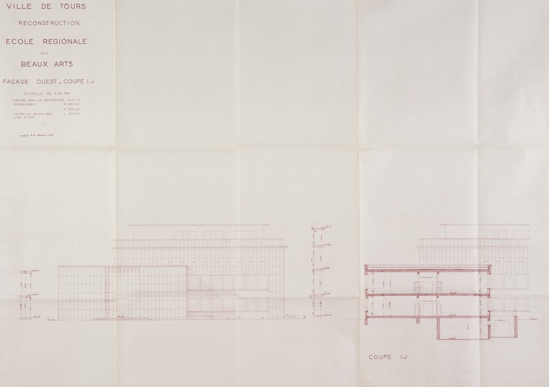 Elévation de la façade ouest et coupe transversale sur le bâtiment des classes, Boille arch., 20 mai 1957. (archives municipales de Tours, 4 M, boîte 650).