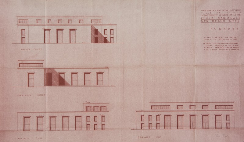 Projet d'école des beaux-arts : élévations des façades, Patout, Dorian et Boille arch., 6 novembre 1954. (archives municipales de Tours, 4 M, boîte 650).