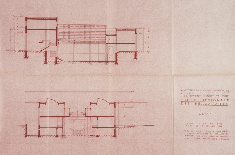 Projet d'école des beaux-arts : coupes, Patout, Dorian et Boille arch., 6 novembre 1954. (archives municipales de Tours, 4 M, boîte 650).